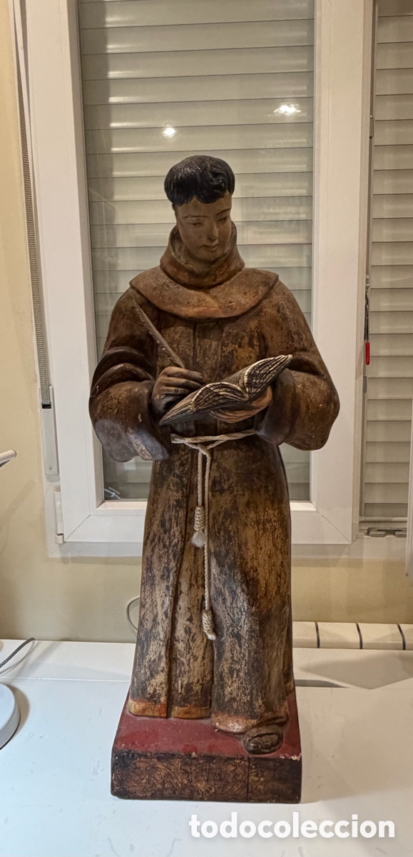 Antig&uuml;edades: Espectacular fraile franciscano tallado 77 cm