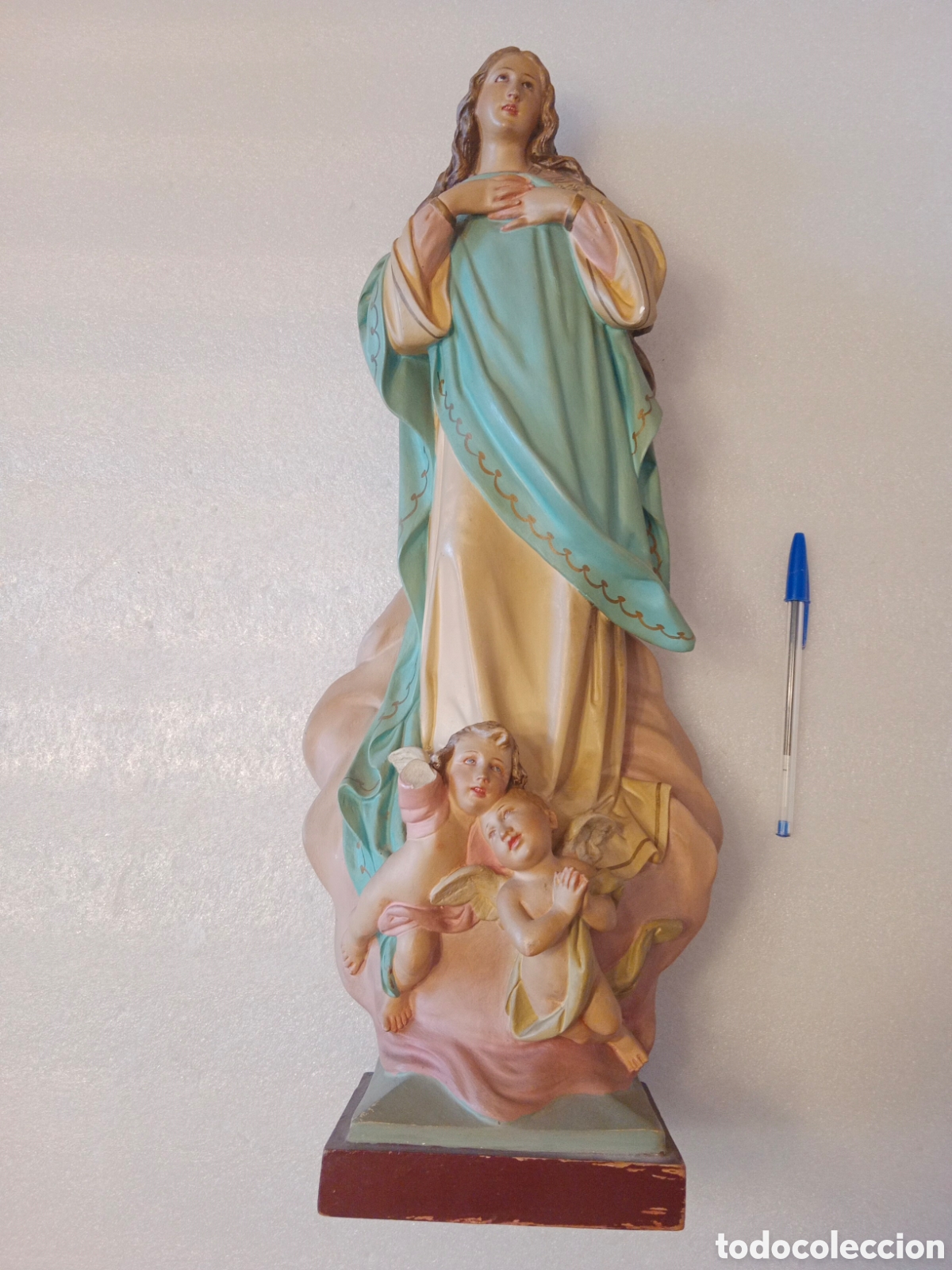 Antig&uuml;edades: Antigua Imagen 50cm Olot Virgen Inmaculada Pur&iacute;sima querubines
