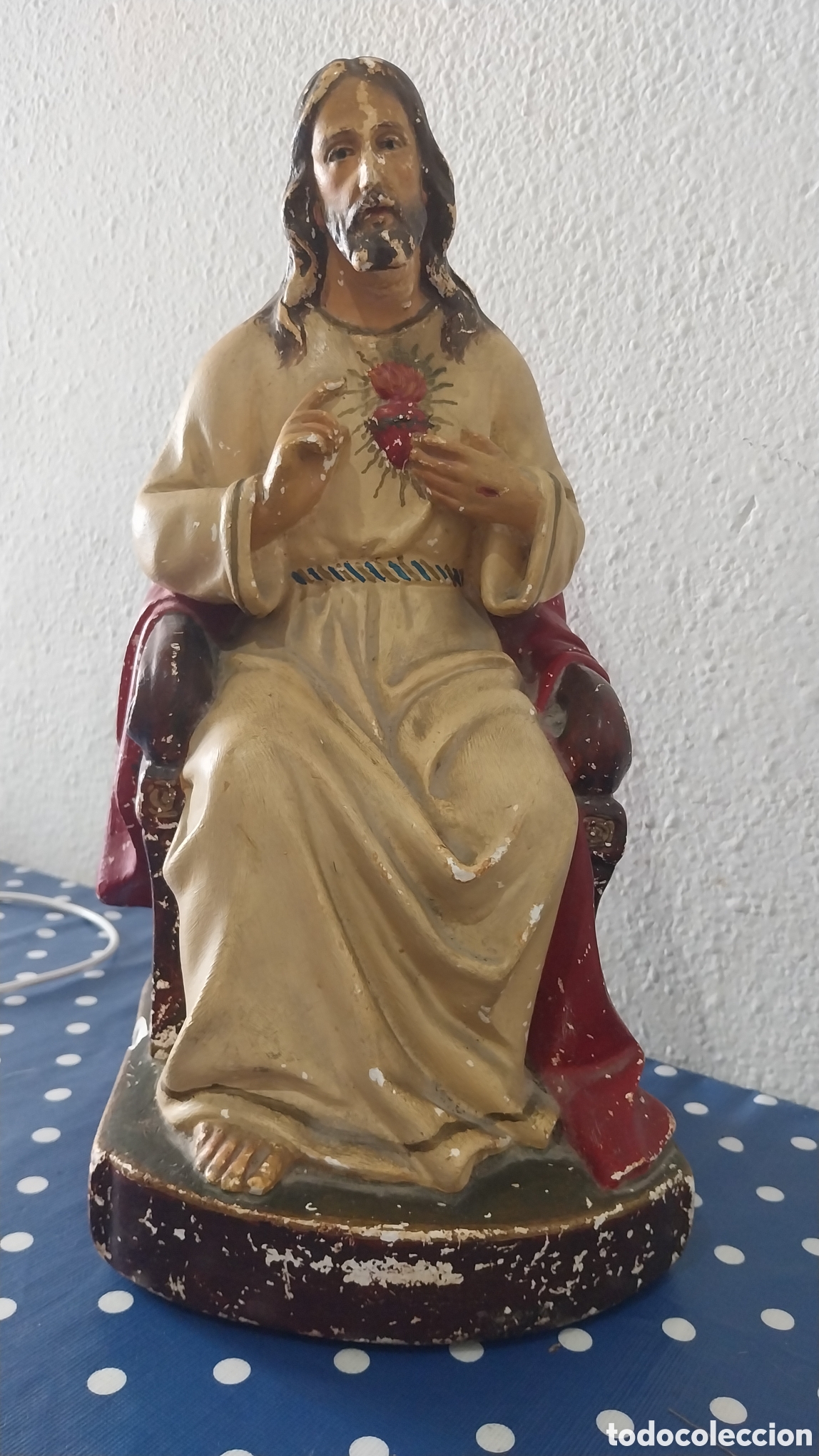 Antig&uuml;edades: Figura religiosa Sagrado coraz&oacute;n de Jes&uacute;s,para restaurar.Med 35 x 18 cm