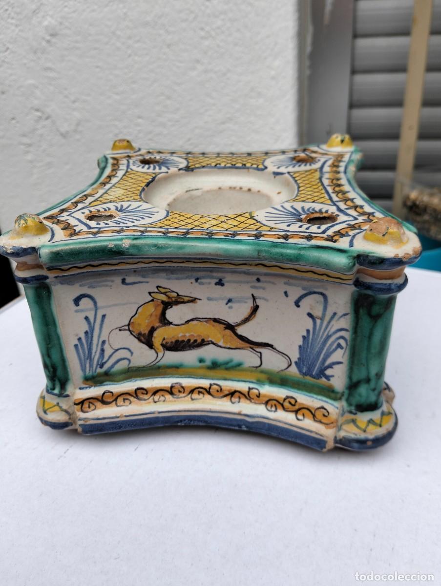 Antiquit&eacute;s: Precioso tintero cuadrado en cer&aacute;mica de Triana antiguo 15x15 ctms esquinas siglo XIX