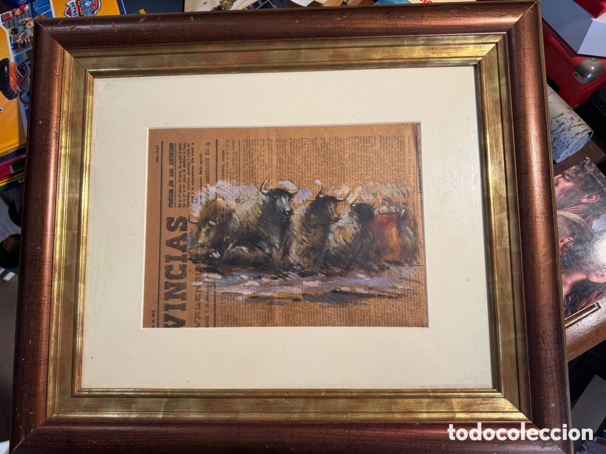 Antig&uuml;edades: Cuadro de toros encierro pintura sobre papel