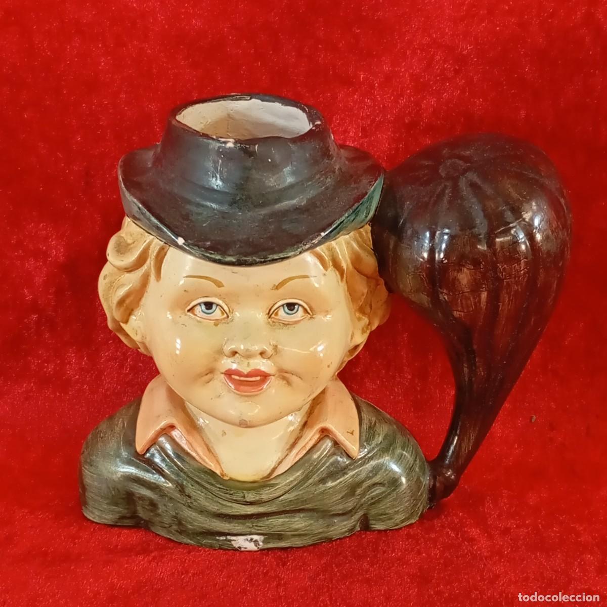Antig&uuml;edades: JARRA POLICROMADA A MANO - PERSONAJE CARICATURESCO - RARA - 15 CM