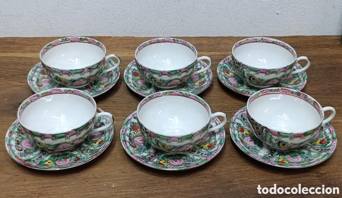 Antig&uuml;edades: ANTIGUO JUEGO DE 6 PLATOS Y TAZAS DE CAF&Eacute; DE PORCELANA CHINA DE MACAO.