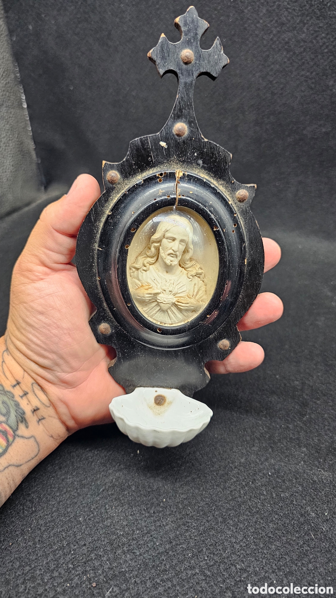 Antig&uuml;edades: Antigua benditera de p.s xx con sagrado coraz&oacute;n de Jes&uacute;s tallado en ESPUMA DE MAR