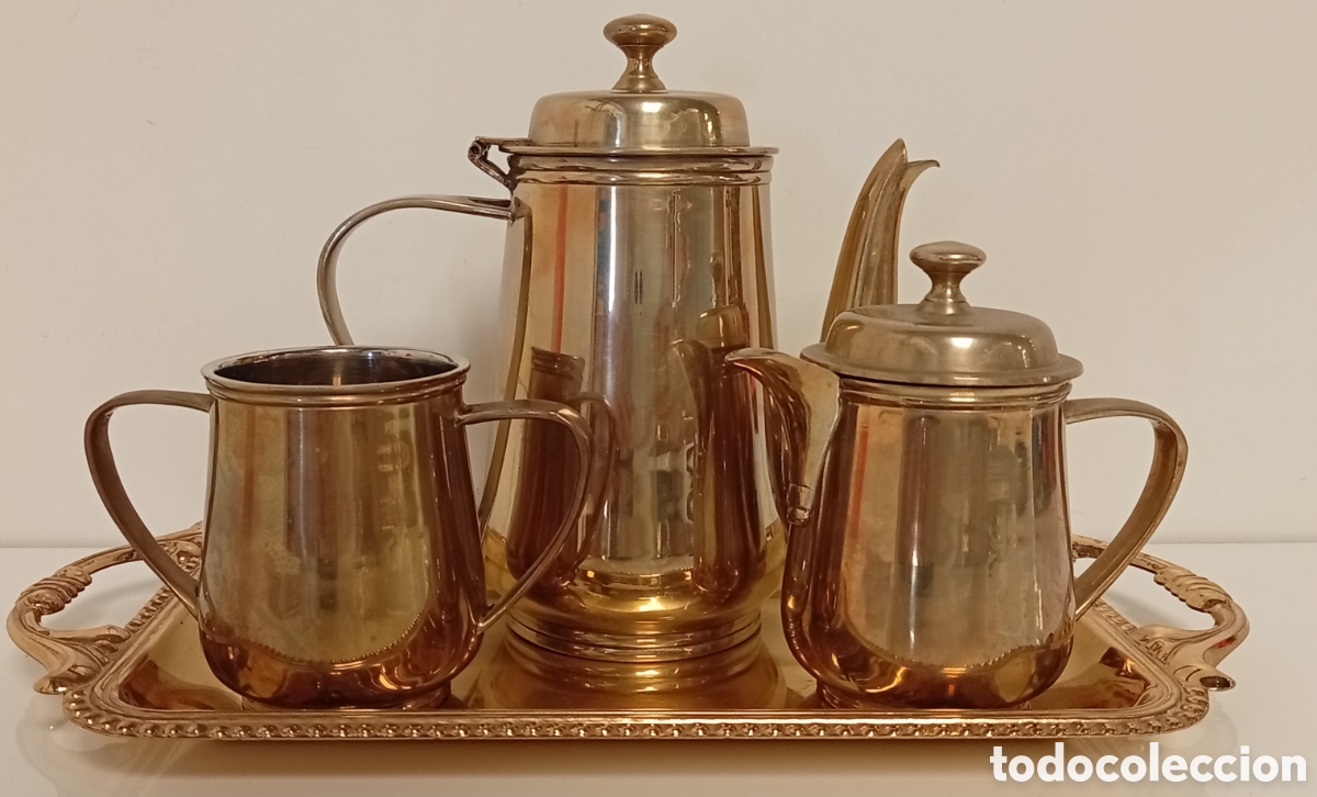Antig&uuml;edades: .JUEGO DE TE DE BRONCE MASISO Y BANDEJA DE METAL