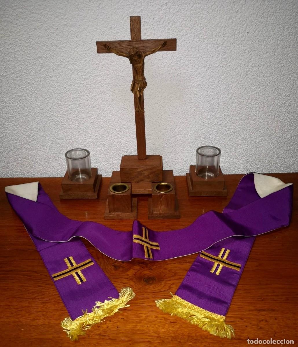 Antiquit&auml;ten: Antiguo ALTAR para casa, lit&uacute;rgico con estola, crucifico y Candelabros