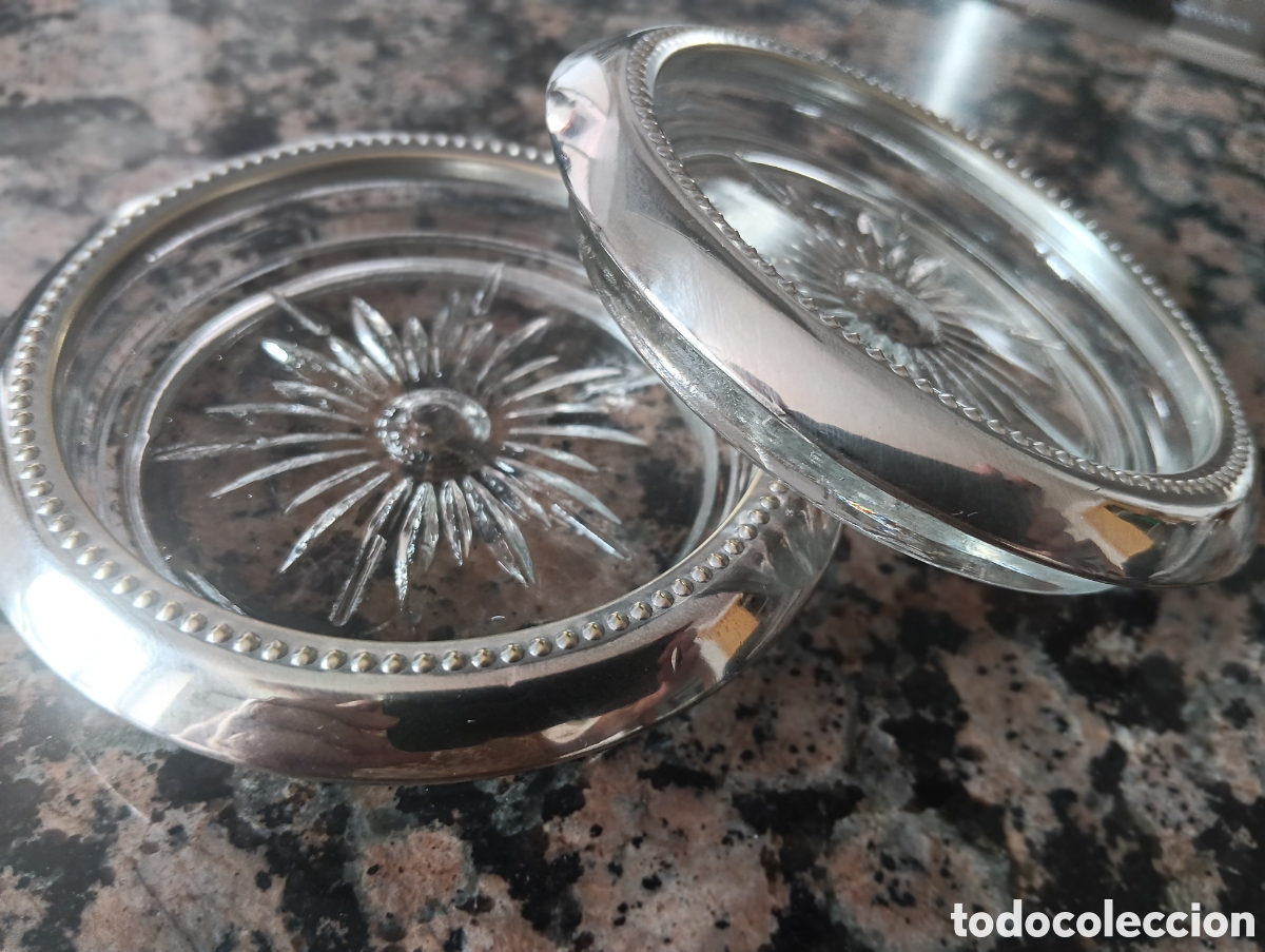 Antig&uuml;edades: Pareja posavasos cristal y plata
