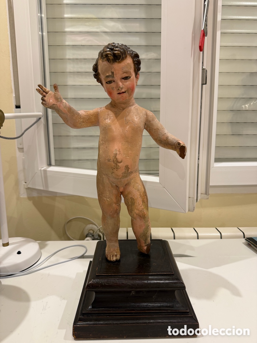 Antig&uuml;edades: Talla Ni&ntilde;o Jes&uacute;s madera policromada antigua 50cm