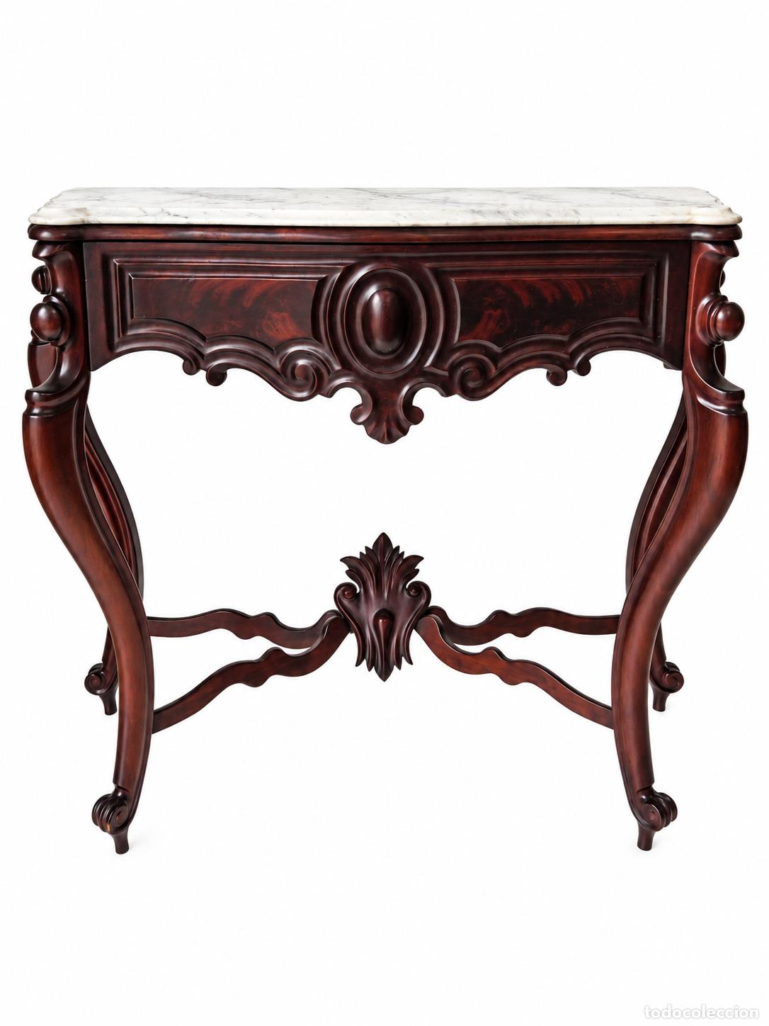 Antig&uuml;edades: Antigua Consola Isabelina (Ditada) - Madera de Caoba - M&aacute;rmol de Carrara - con Caj&oacute;n