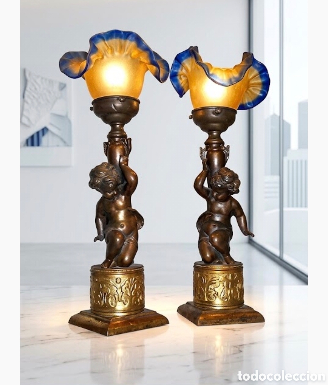 Antig&uuml;edades: Pareja de l&aacute;mparas antiguas Art Nouveau franc&eacute;s en bronce y tulipas de cristal de Clichy / Daum