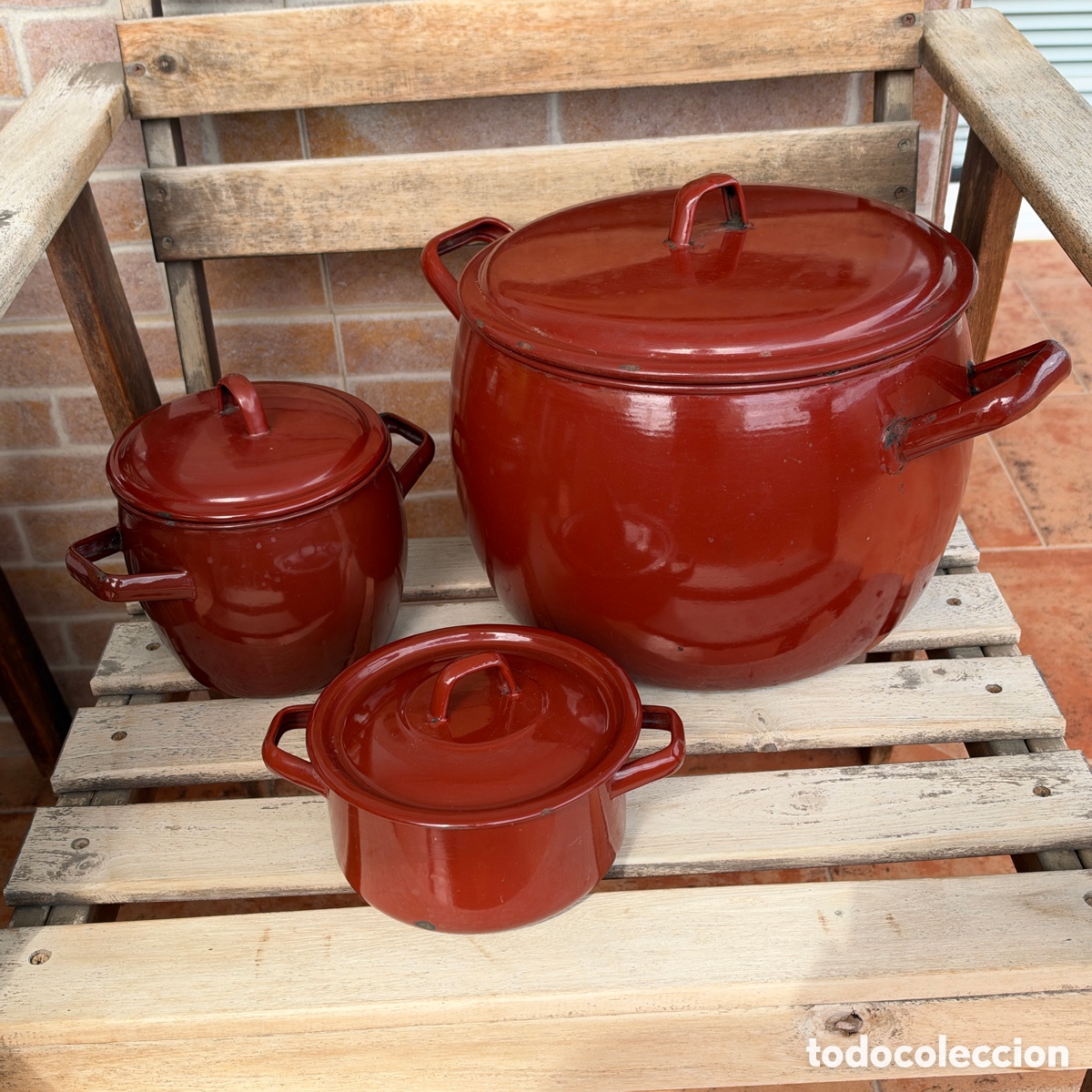 Antig&uuml;edades: 3 piezas bater&iacute;a de cocina acero esmaltado