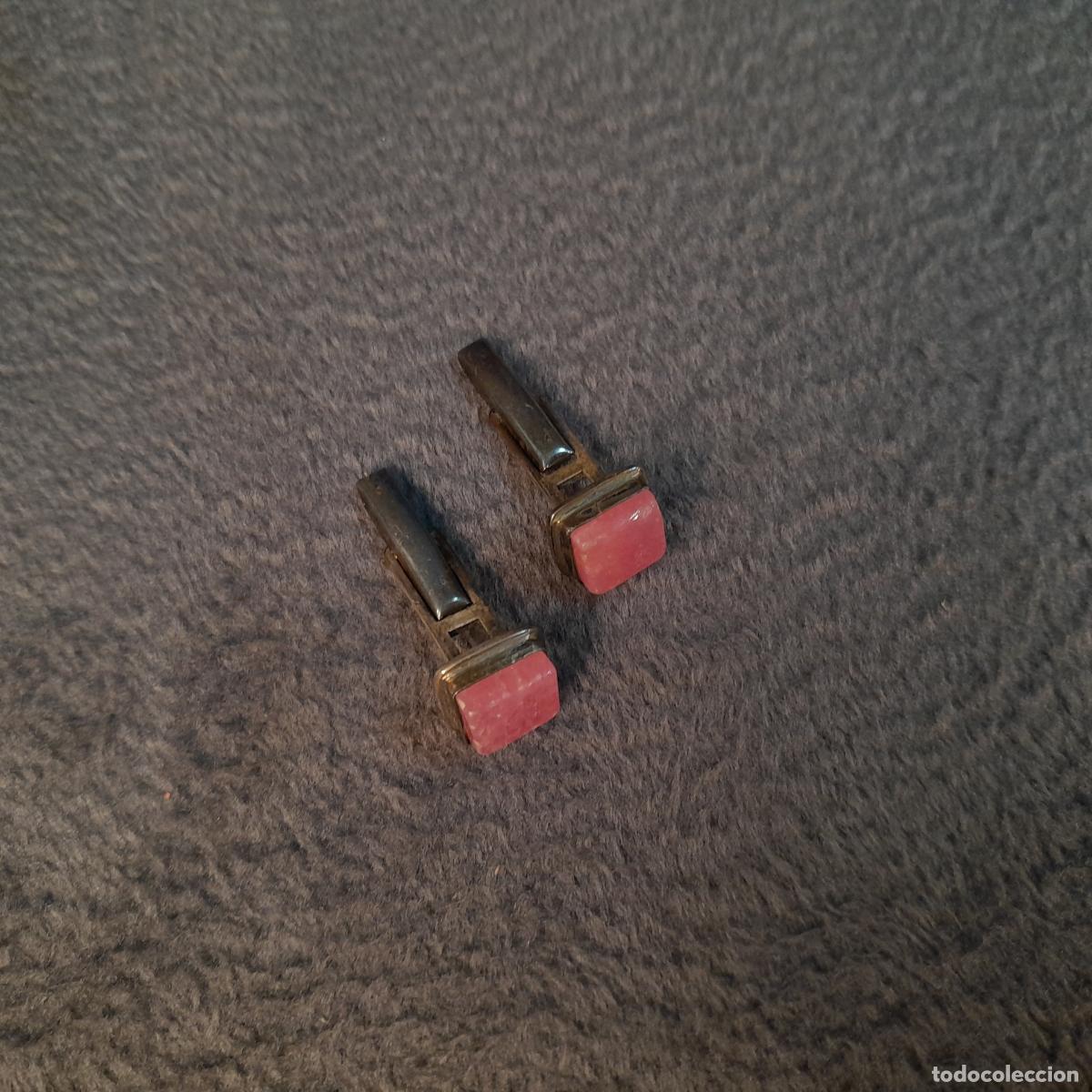 Antiquit&eacute;s: J-4597. GEMELOS DE PLATA CON GEMA ROSA. MEDIADOS DEL S. XX