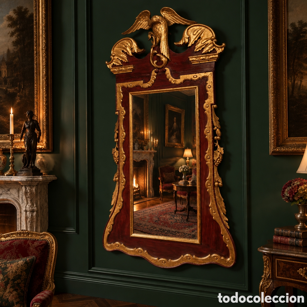 Antig&uuml;edades: ANTIGUO ESPEJO DE PARED ESTILO GEORGIANO, EN CAOBA Y PAN DE ORO