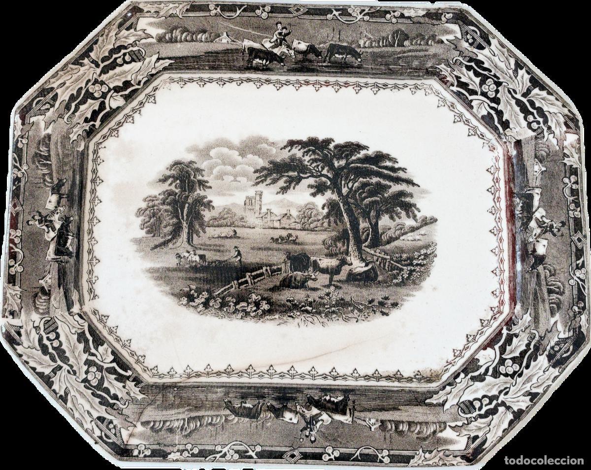 Antig&uuml;edades: Fuente de loza estampada. Probablemente de manufactura inglesa S. XIX