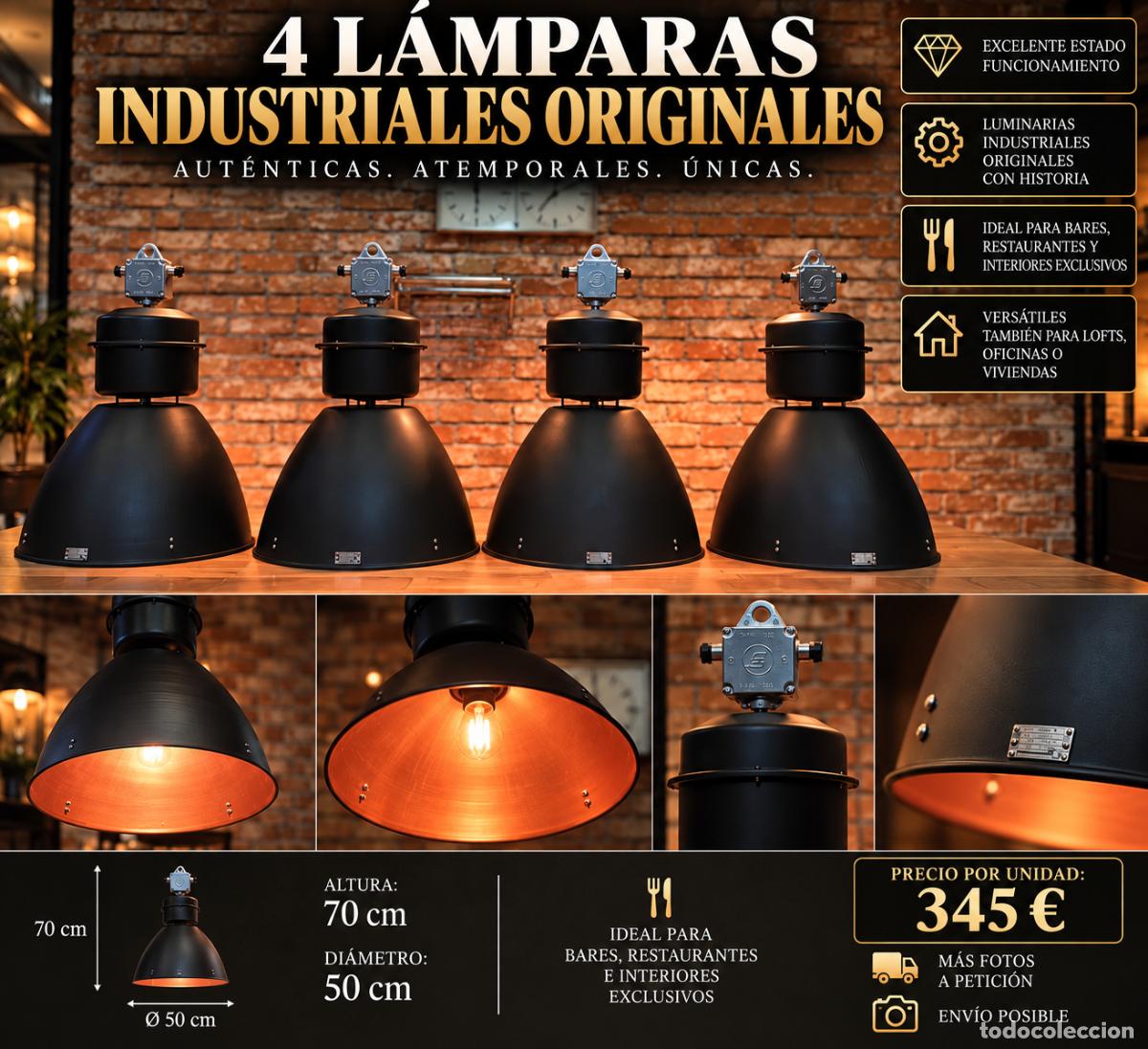 Antig&uuml;edades: L&aacute;mpara industrial original de los a&ntilde;os 50 &ndash; negro mate / cobre