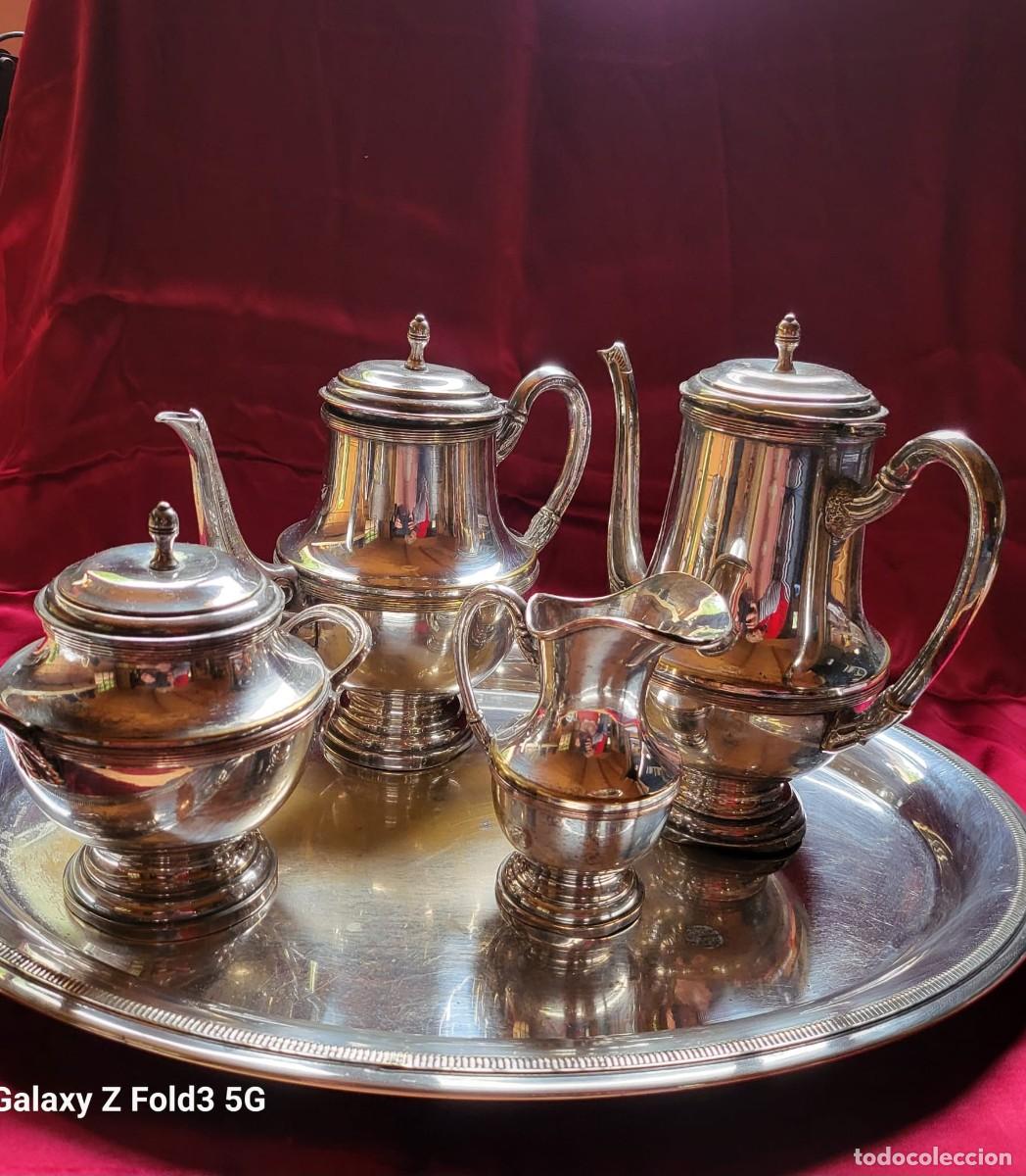 Antig&uuml;edades: Antiguo juego de caf&eacute; ba&ntilde;ado en plata-5 piezas ( bandeja 47x35cm-Sello de M.E.
