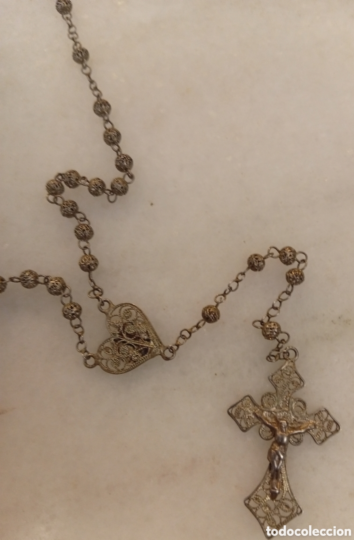 Antiquit&eacute;s: Antiguo peque&ntilde;o rosario religioso en filigrana de plata