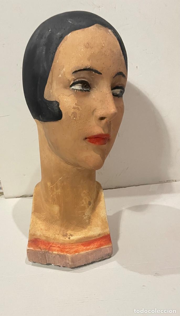 Antig&uuml;edades: ANTIGUA BUSTO CABEZA MANIQU&Iacute; DE ESTUCO POLICROMADO A&Ntilde;OS 20/30 FIGURA FEMENINA