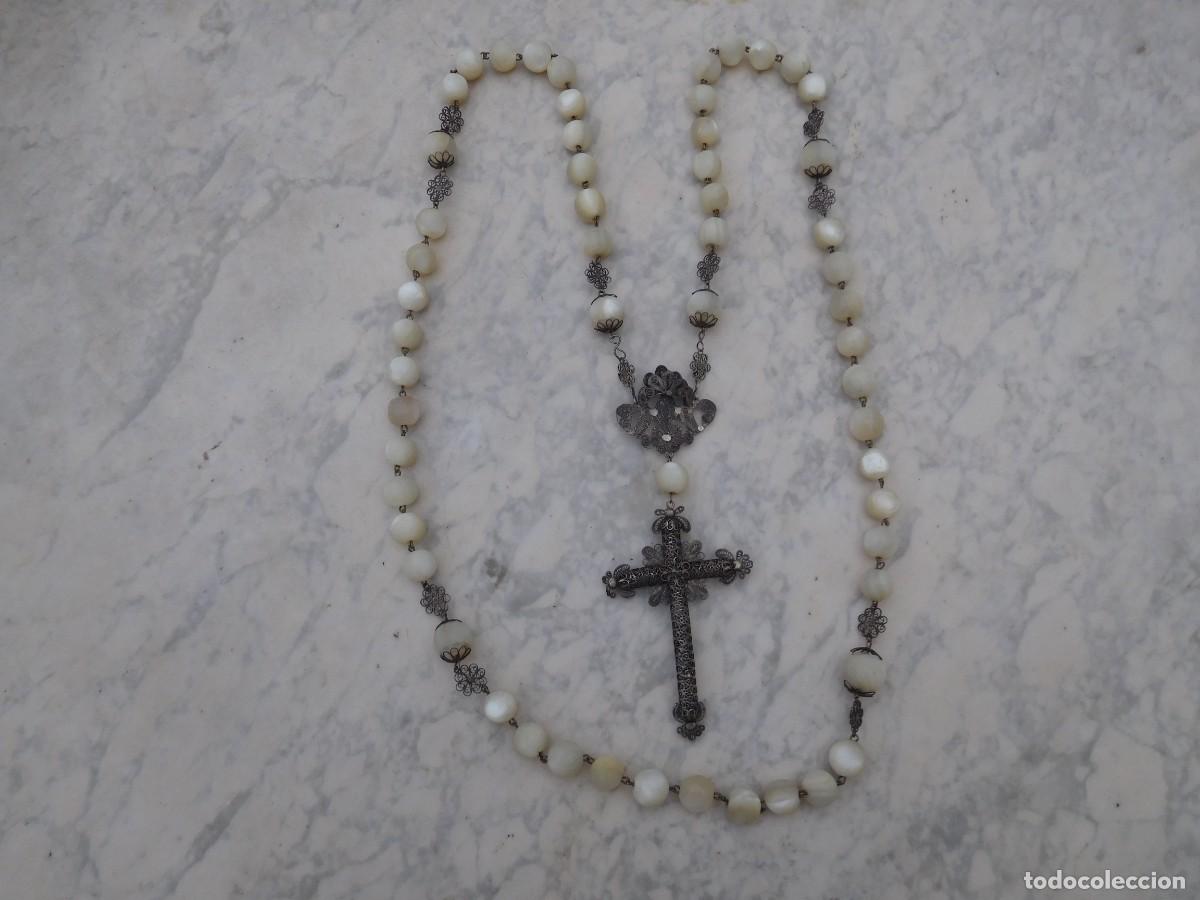 Antig&uuml;edades: Rosario antiguo de plata filigrana y cuentas de n&aacute;car