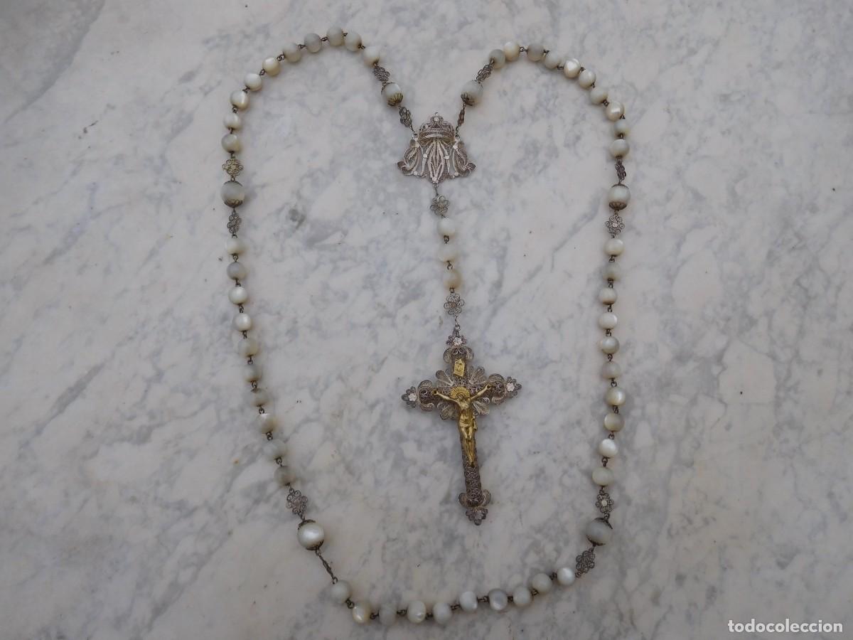 Antig&uuml;edades: Rosario antiguo de plata filigrana y cuentas de n&aacute;car