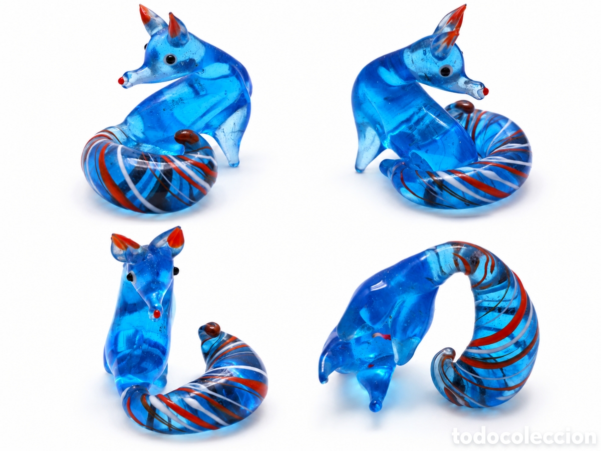 Antig&uuml;edades: Figura de zorro en vidrio art&iacute;stico azul &ndash; posible Murano &ndash; 4 &times; 4 cm