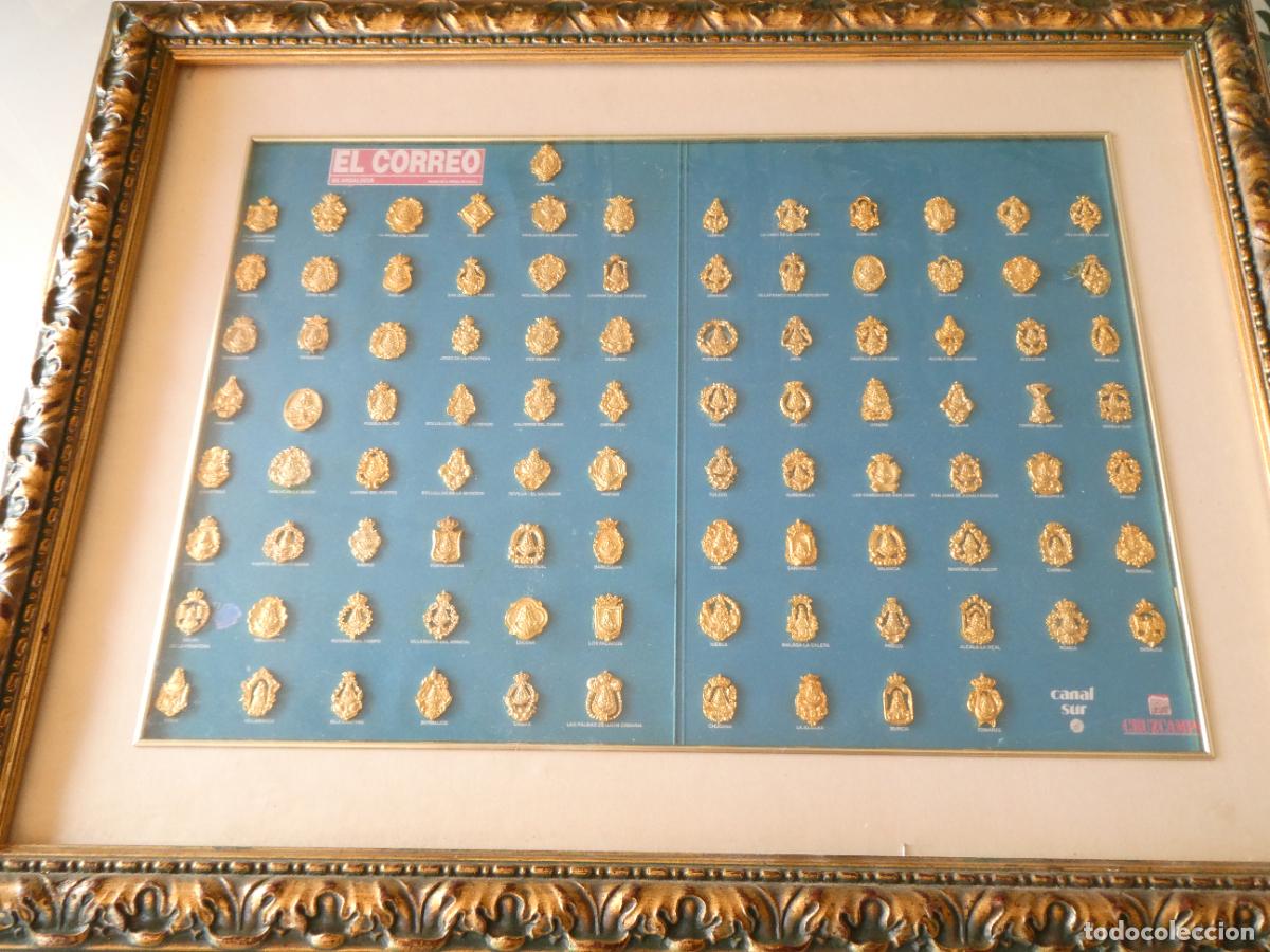 Antig&uuml;edades: CUADRO RELIGIOSO. 95 INSIGNIAS HERMANDADES ROCIERAS VIRGEN DEL ROC&Iacute;O 66X53CM 2,8KG