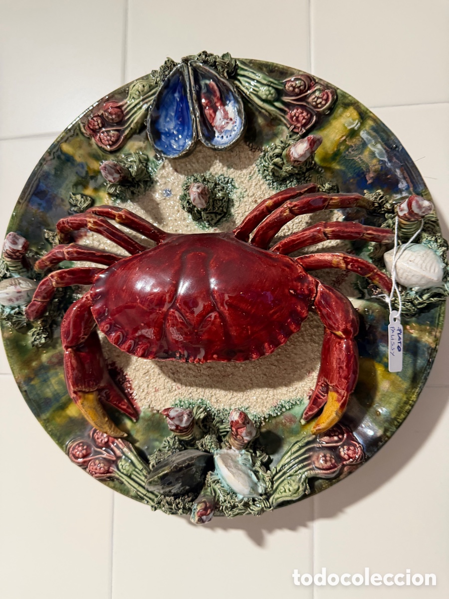 Antig&uuml;edades: Plato Cer&aacute;mico de Cangrejo de May&oacute;lica Estilo Palissy de &Aacute;lvaro Jos&eacute; Caldas de Rainha Portugal