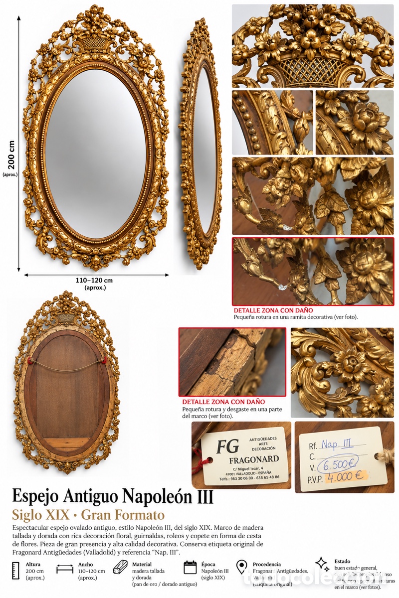 Antig&uuml;edades: Espejo antiguo Napole&oacute;n III &ndash; Siglo XIX &ndash; Gran formato