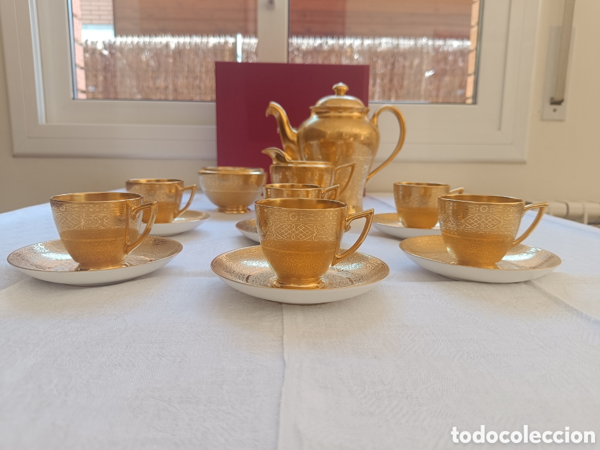 Antig&uuml;edades: Excepcional Juego de Caf&eacute; Minton &rdquo;Shangri-La&rdquo; H5097 &ndash; Oro al &Aacute;cido Total (15 Piezas) + Caja Original