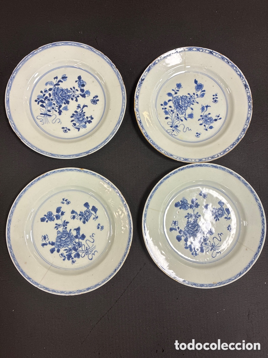 Antig&uuml;edades: Lote 4 Antiguos Platos S. XIX Estilo Compa&ntilde;&iacute;a Indias Azul Cobalto