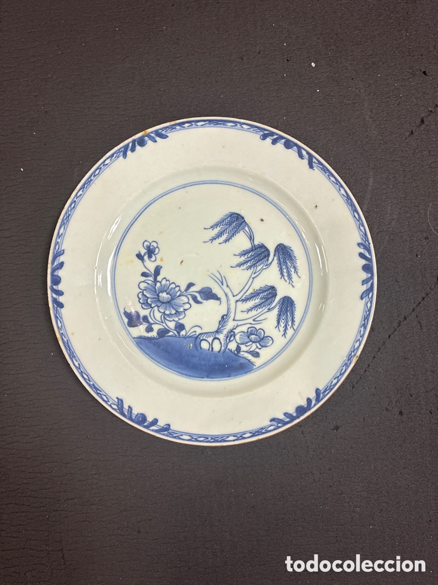 Antig&uuml;edades: Antiguo Plato Porcelana China S. XVIII - XIX Motivo Sauce Llor&oacute;n Azul