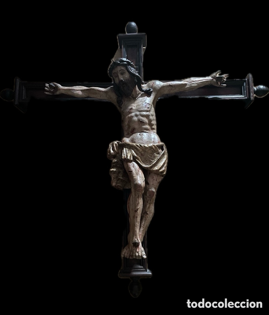 Antig&uuml;edades: Cristo Crucificado - Escuela Castellana, Siglo XVI - Con Oro Estofado
