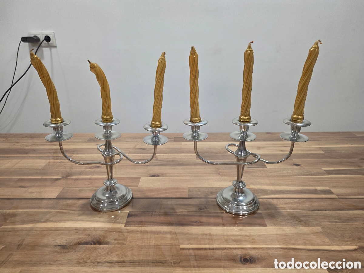 Antig&uuml;edades: Candelabro 3 Brazos Ba&ntilde;ado en Plata - Foto 3