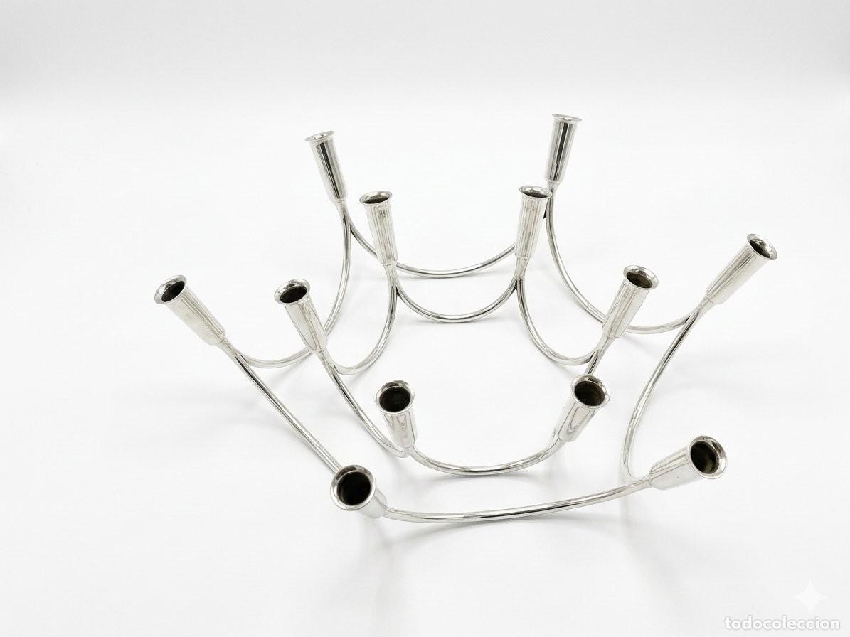 Antig&uuml;edades: Jego de candelabros modulares de plata de ley de Eigil Jensen, dise&ntilde;o dan&eacute;s de mediados del siglo X
