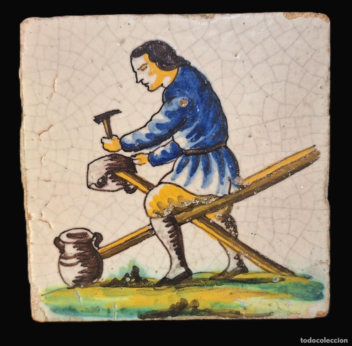 Antig&uuml;edades: Azulejo. Arts i Oficis. Catalu&ntilde;a. Siglo XIX - XX. 14 x 14 cm.