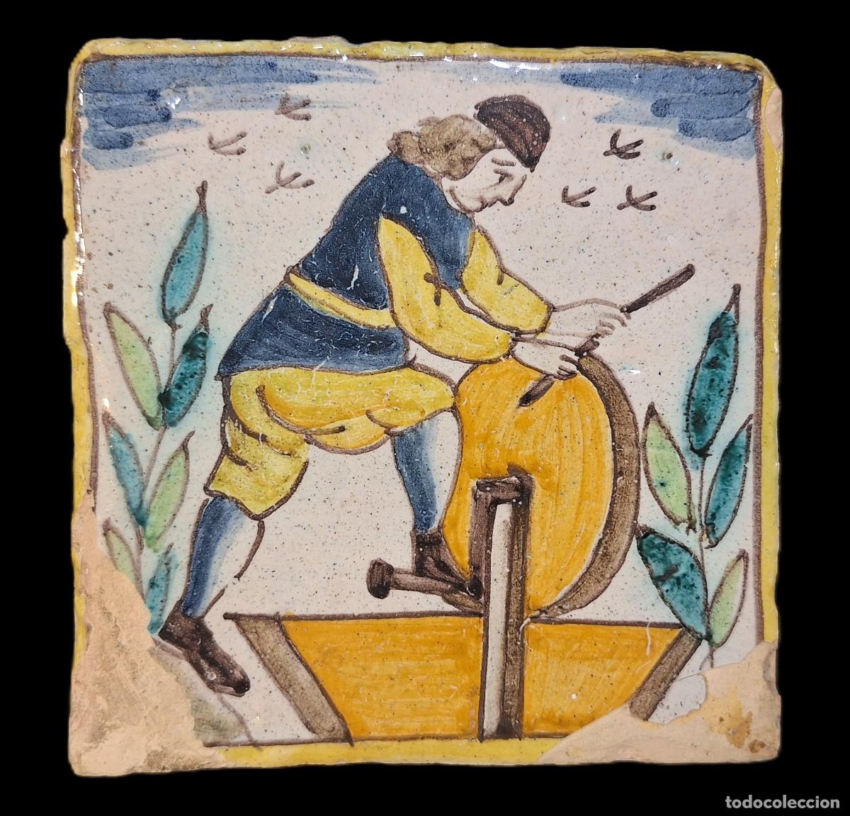 Antig&uuml;edades: Azulejo. Arts i Oficis. Afilador. Catalu&ntilde;a. Siglo XVIII - XIX. 13,3 x 13,3 cm.