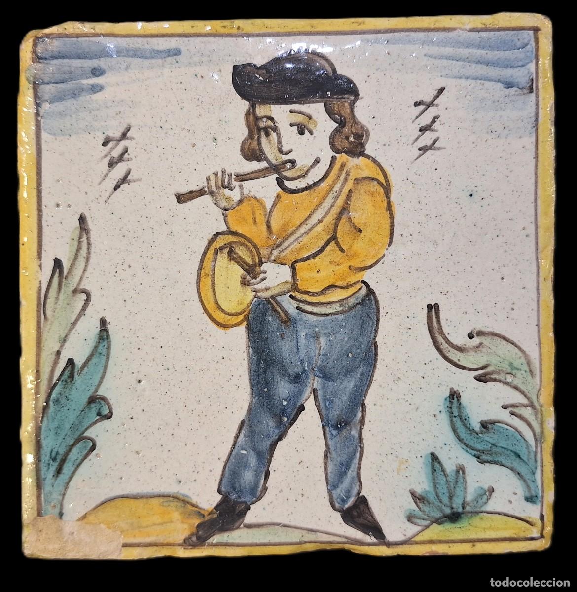 Antig&uuml;edades: Azulejo. Arts i Oficis. M&uacute;sico. Catalu&ntilde;a. Siglo XVIII - XIX. 13,3 x 13,3 cm.