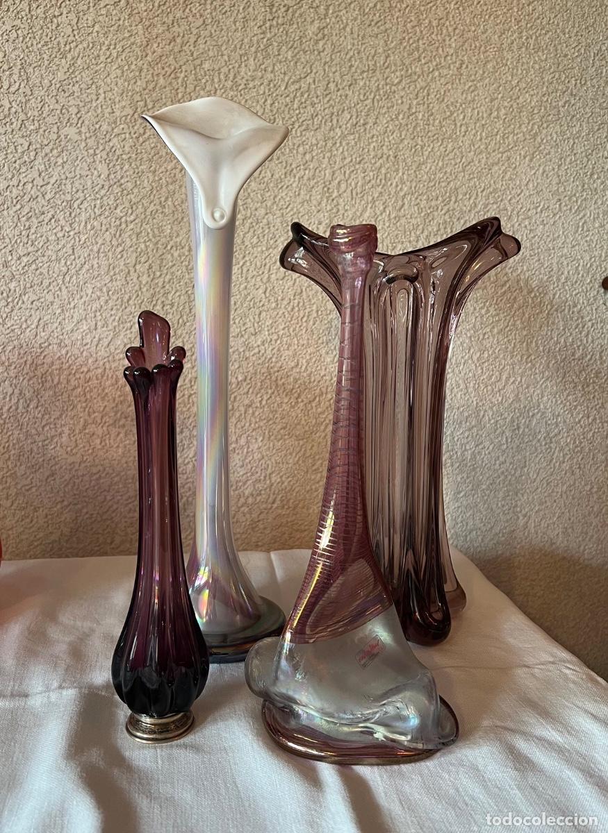 Antig&uuml;edades: Magn&iacute;fico lote de 4 floreros de cristal art&iacute;stico Mid-Century - Von Schierholz etiquetado