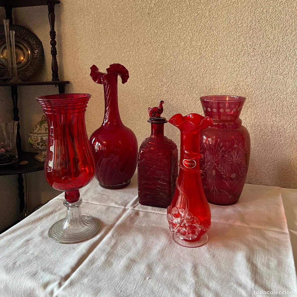 Antig&uuml;edades: Lote 5 piezas cristaler&iacute;a art&iacute;stica vintage - Jarr&oacute;n Murano firmado, Bohemia tallado y Licorera