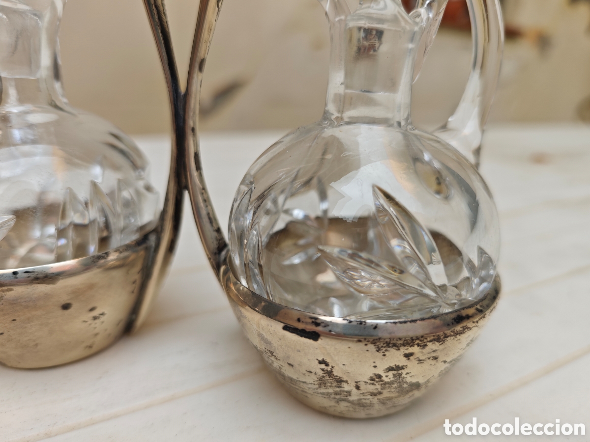 Antig&uuml;edades: Antigua vinagrera y aceitera cristal tallado plata - Foto 3