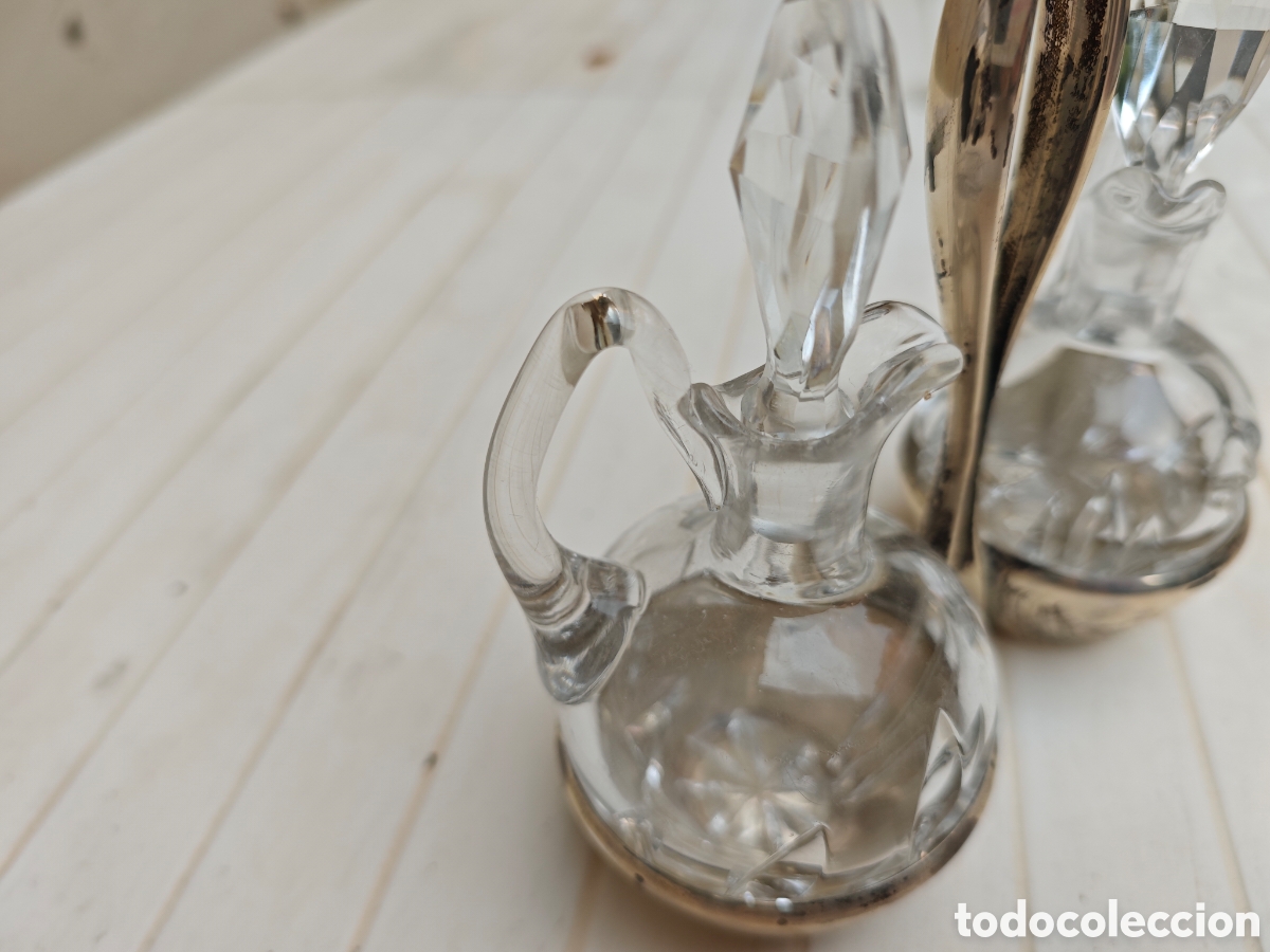 Antig&uuml;edades: Antigua vinagrera y aceitera cristal tallado plata - Foto 5