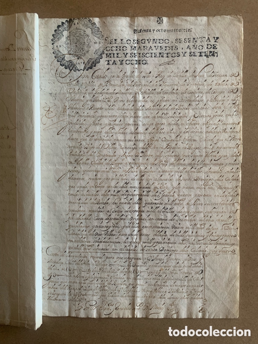 Antig&uuml;edades: Legajo original 1678. Real provisi&oacute;n Carlos II. Sello placa de cera