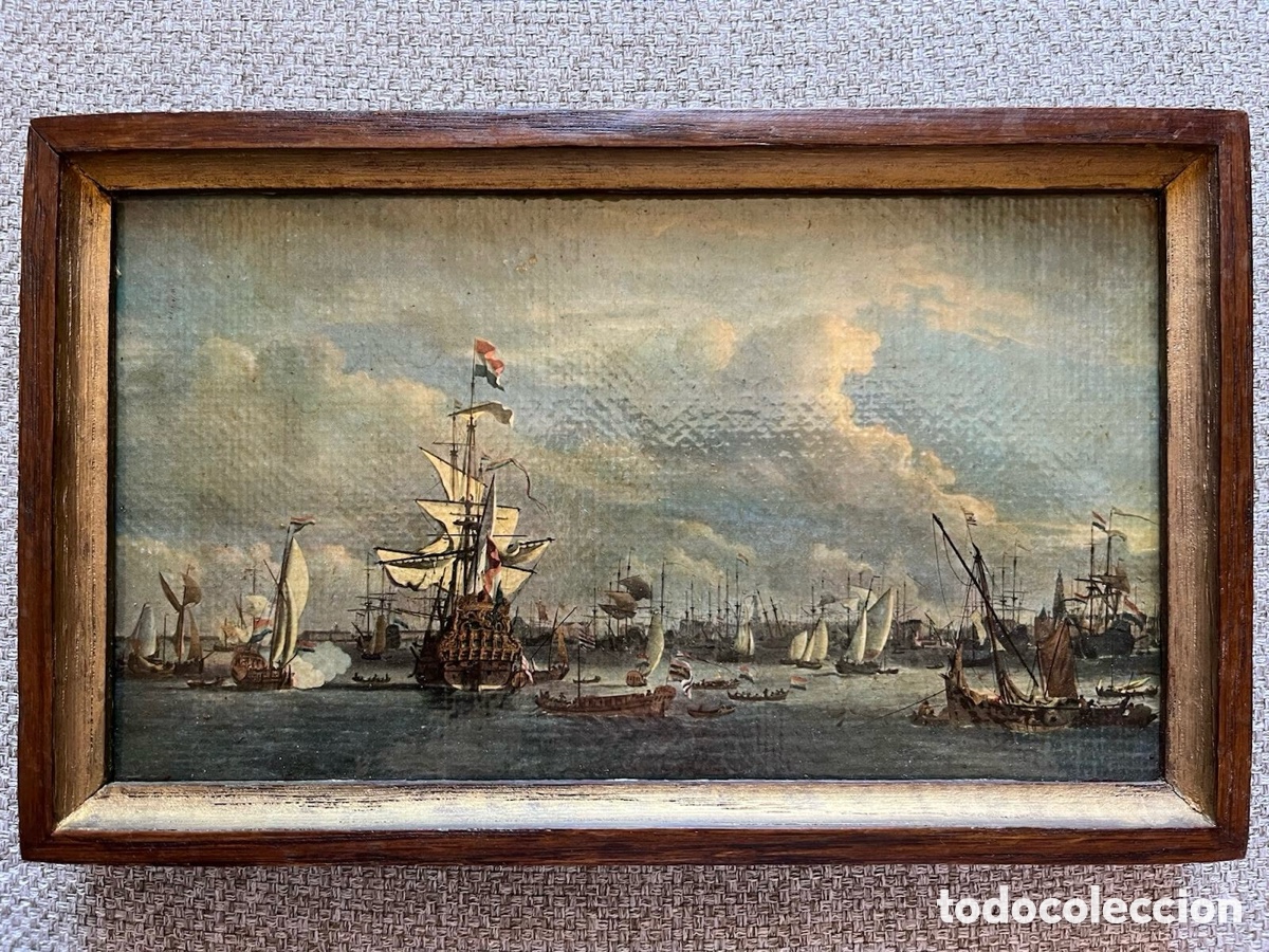 Antig&uuml;edades: Antiguo cuadro de escena marina vista de Amsterdam