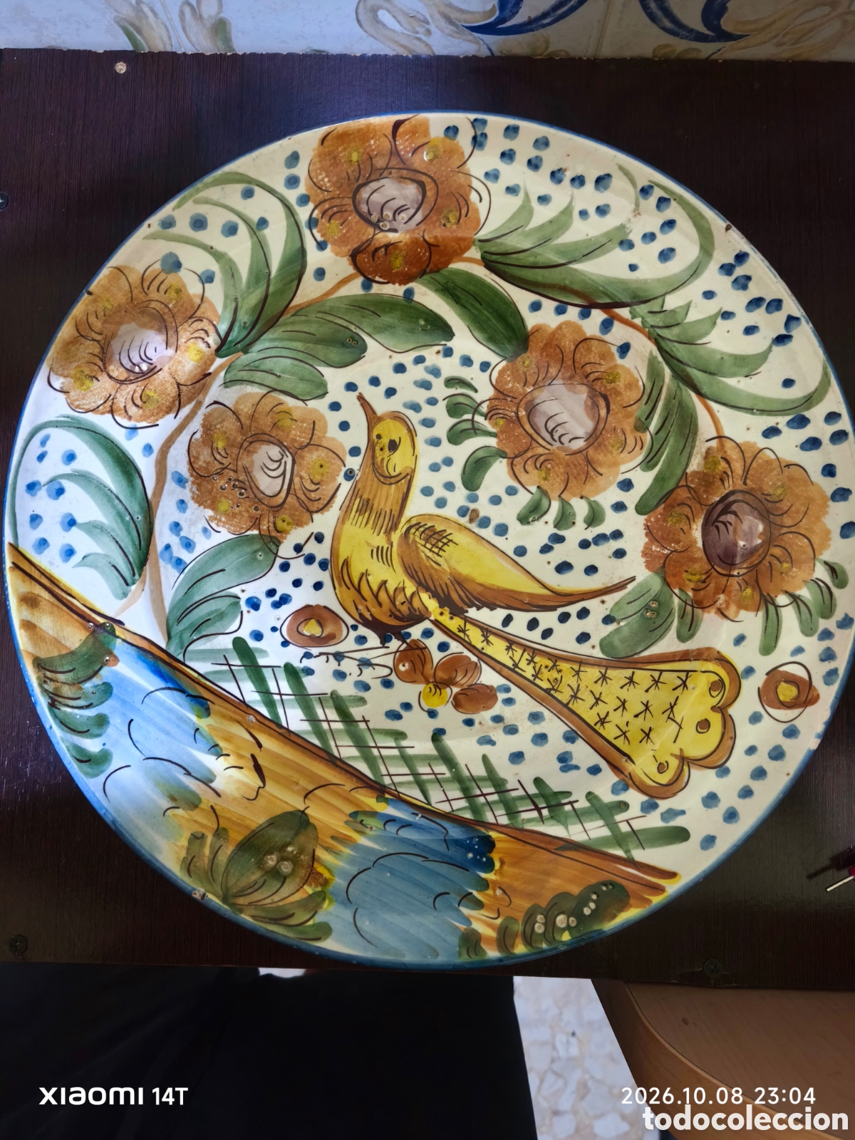 Antig&uuml;edades: Gran plato fuente de cer&aacute;mica de Manises antigua serie de paralot de 35 cm impecable firmado P.C.