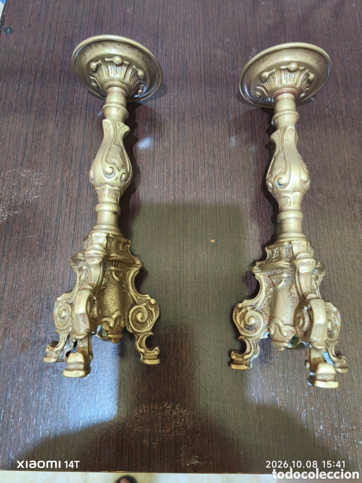 Antig&uuml;edades: Pareja de pies de lampara antiguos de sobremesa en bronce estilo barroco -21cm