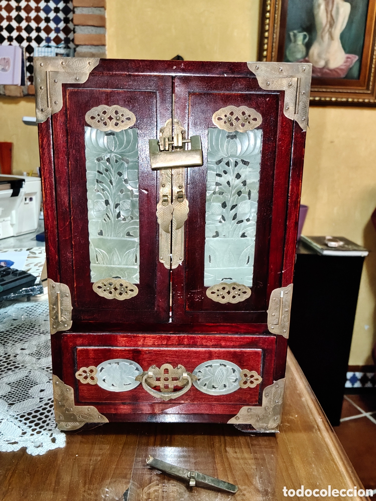Antig&uuml;edades: Joyero Oriental Vintage Madera y piedra tallada