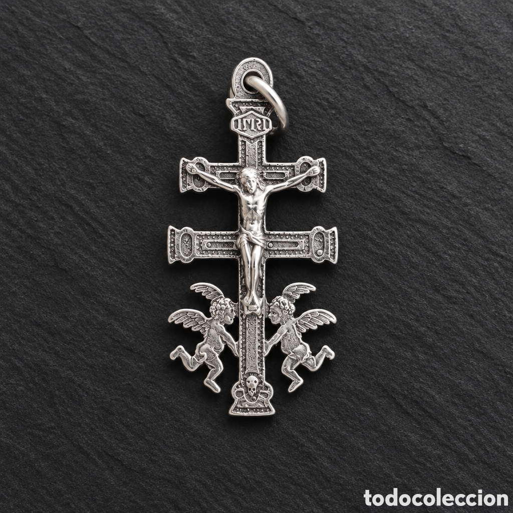 Antig&uuml;edades: colgante de Cruz de Caravaca fabricado en plata de ley 925m con la figura de Cristo en relieve...