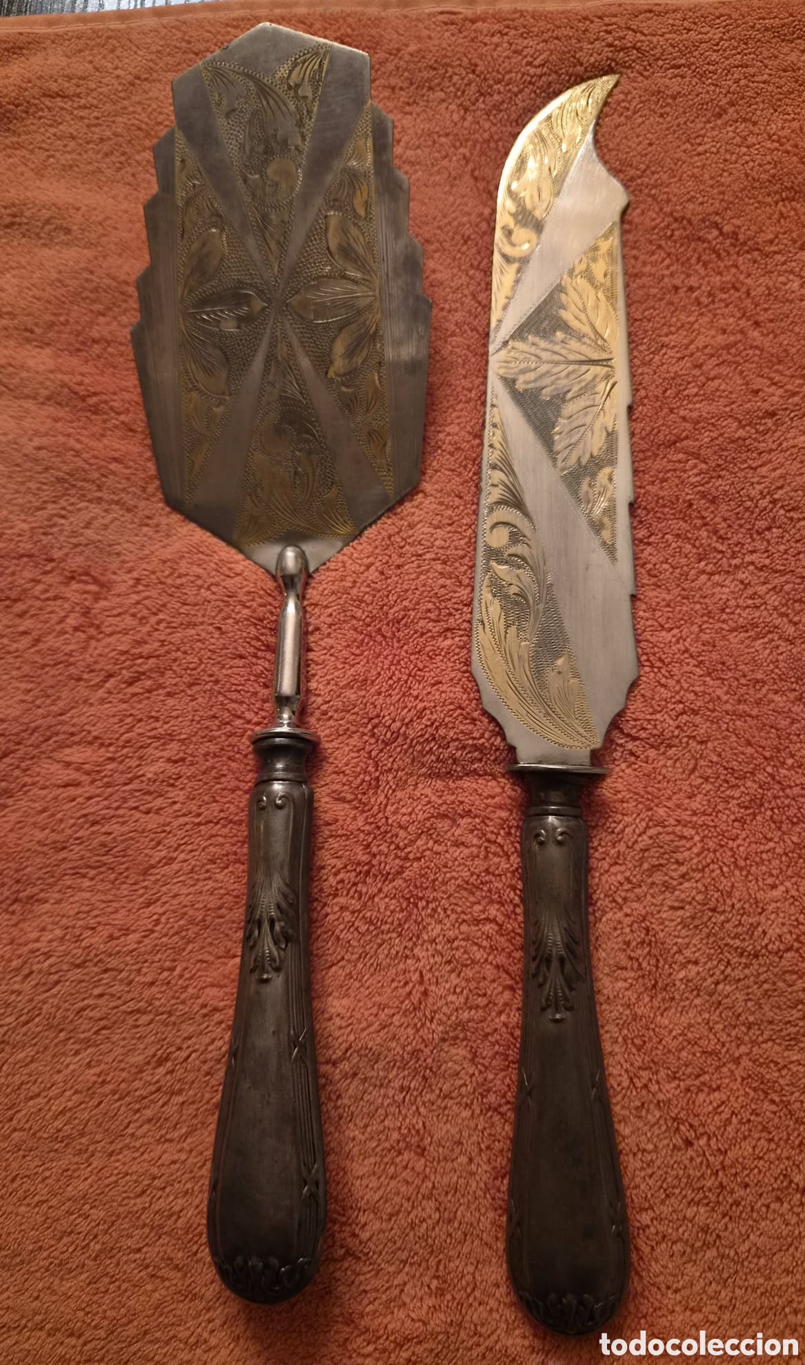 Antig&uuml;edades: Antiguo Juego Servir Tartas y Pasteles Art D&eacute;co/S. XIX-XX - Pala y Cuchillo Grabados con Estuche