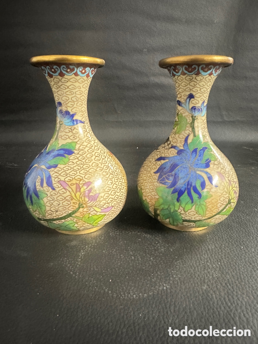 Antig&uuml;edades: Pareja de jarrones de bronce y esmalte cloisonne