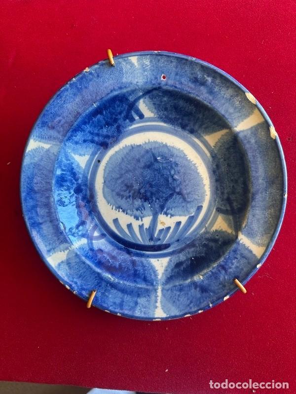 Antig&uuml;edades: PLATO EN CER&Aacute;MICA DE RIBESALBES, &Aacute;RBOLES ESPONJADOS, EN AZUL INTENSO, 21 CM, S. XIX - LA&Ntilde;ADO